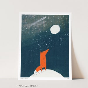 11"x14" Large Art print - Nothing is Ordinary. Fox In A Snowy Landscspe With A Full Moon And A Shooting Star.