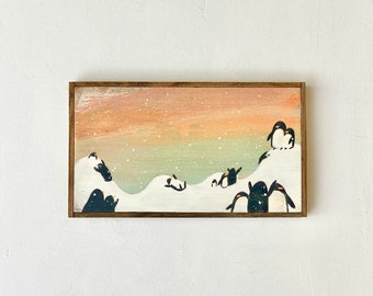 Hand Painted Small Original Painting - Splendid Day On Egg Hill (#452) Penguins Sliding Down The Egg Hill