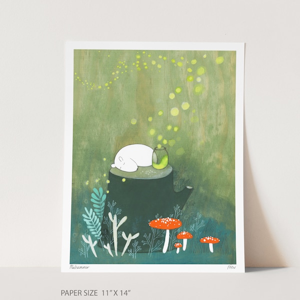 11"x14" Large Art print - Midsummer. Bear Sleeping In Enchanted Forest Surounded By Fireflies.