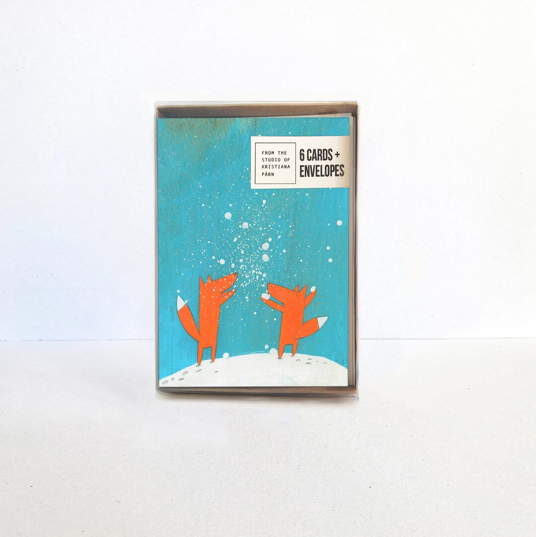 Set of Six Blank Winter Note Cards - Snowballs, Foxes Playing in Snow ...