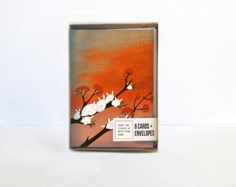 Set of Six Blank Note Cards - Sunrise (Rabbits on Rowan tree)