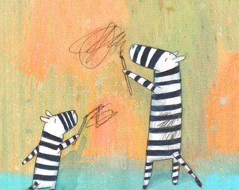 Scribbles And Stripes - Art Print (Zebras Playfully Drawing on a Wall And On Each Other)