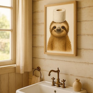 Whimsical Sloth Bathroom Wall Art – Funny Toilet Paper Crown Print – Watercolor Sloth Decor for Powder Room or Kids’ Bathroom