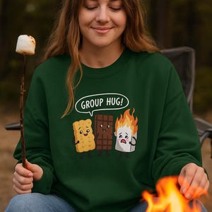 Funny Smores Campfire Sweatshirt | Group Hug Marshmallow, Chocolate & Fire Cartoon | Cozy Outdoor Camping Hoodie