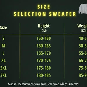 Product sizing chart titled "SIZE SELECTION" with measurements in Centimeters (CM). The table lists three size categories (S,M, L, XL...) with corresponding Height and Weight ranges to help customers select the correct fit.