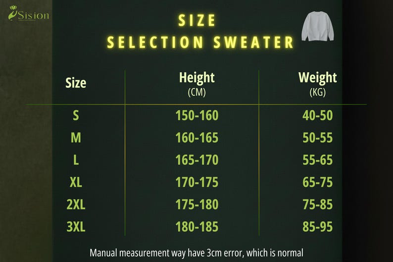 Product sizing chart titled "SIZE SELECTION" with measurements in Centimeters (CM). The table lists three size categories (S,M, L, XL...) with corresponding Height and Weight ranges to help customers select the correct fit.