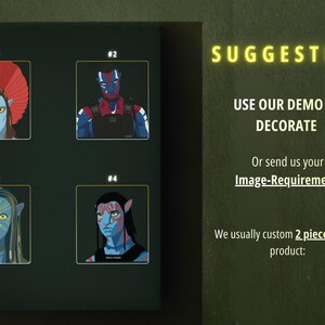May include: A dark green display board featuring four square illustrations of blue-skinned humanoid characters with distinct facial markings and headwear. The text reads: SUGGESTION USE OUR DEMO TO DECORATE Or send us your Image-Requirement We usually custom 2 piece in each product: