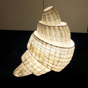 May include: A spiral-shaped pendant light fixture constructed from translucent off-white paper with visible dark brown horizontal and vertical grid lines. The lamp features a tapered, shell-like silhouette suspended by a thin dark cord from above.
