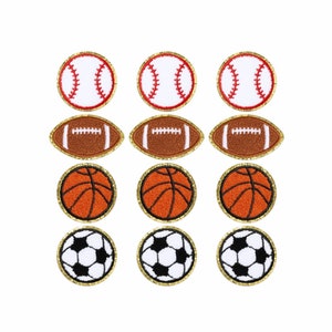 May include: Nine embroidered iron-on patches featuring different sports: baseball, football, basketball, and soccer. Each patch has a gold outline.