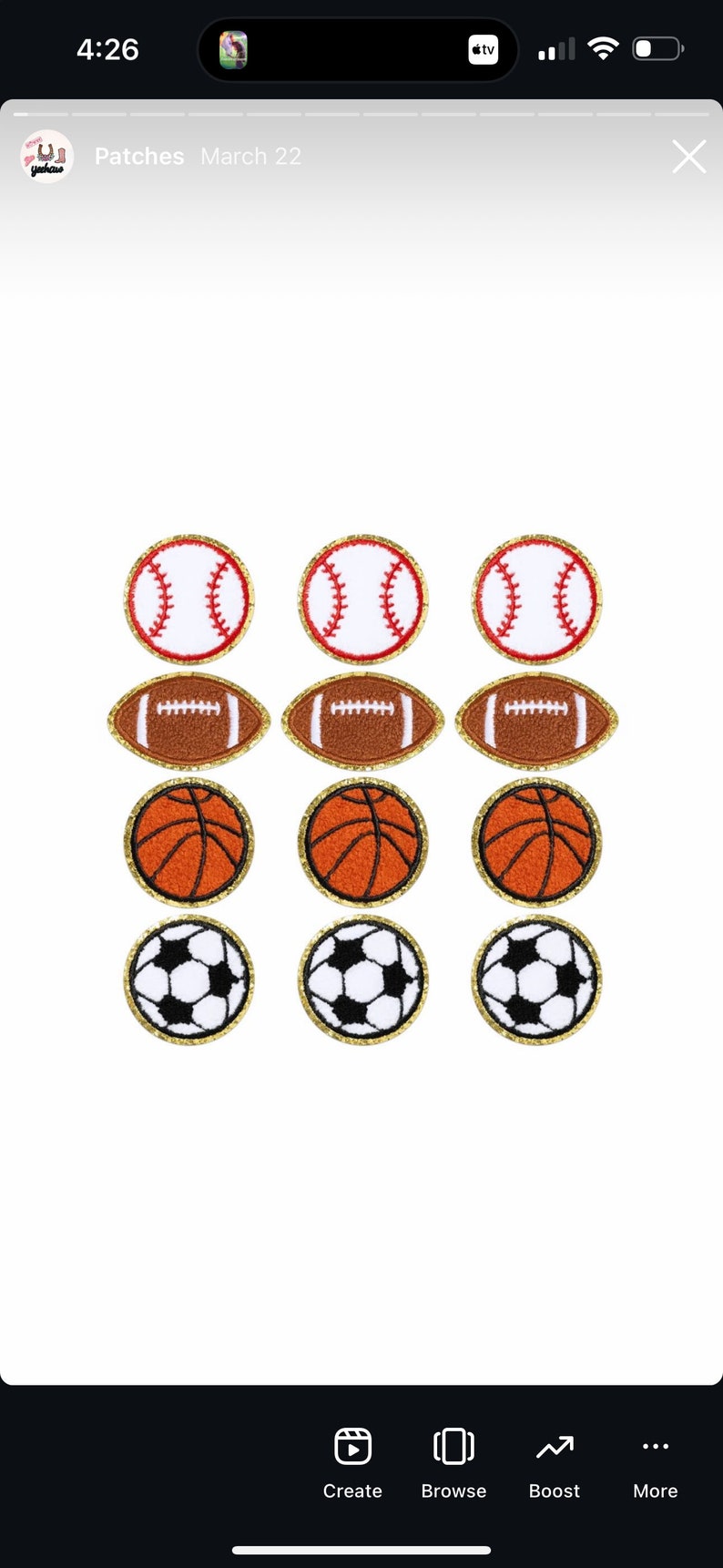 May include: Nine embroidered iron-on patches featuring different sports: baseball, football, basketball, and soccer. Each patch has a gold outline.
