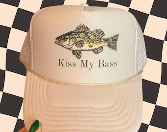 Kiss My Bass Trucker Hat | Funny Fishing Hat | Lake Life Hat | Bass Fishing Gift | Country Trucker Hat | Neutral Foam Hat | Outdoor Summer H