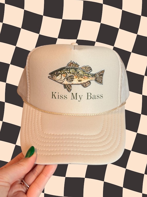 Kiss My Bass Trucker Hat | Funny Fishing Hat | Lake Life Hat | Bass Fishing Gift | Country Trucker Hat | Neutral Foam Hat | Outdoor Summer H