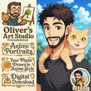Premium Quality Classic Anime Style Picture Portrait From Photo – Custom Portrait  – Anime Portrait – Anime Pet – Anime Dog – Anime Cat