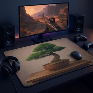 Bonsai Tree Zen Garden Desk Mat, Japanese Style Minimalist Desk Pad, Non-Slip Office Accessory, Large Mouse Pad, Home Office Decor
