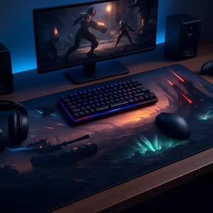 May include: A gaming setup featuring a monitor displaying a video game scene, a keyboard, mouse, and a large mousepad with a battle scene design. Black speakers, headphones, and a controller complete the setup on a wooden desk.