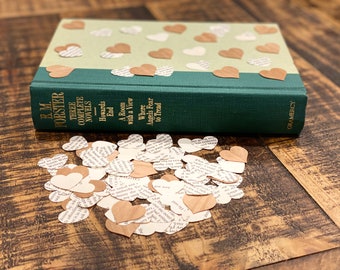 75 pieces vintage book pages and 25 natural wood veneer confetti hearts|rustic wedding confetti|table scatter|book confetti|table decor