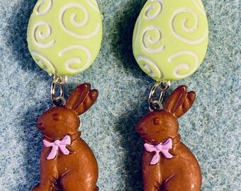 Green Easter Egg Candy White Chocolate Vanilla Bunny Dangle Earrings