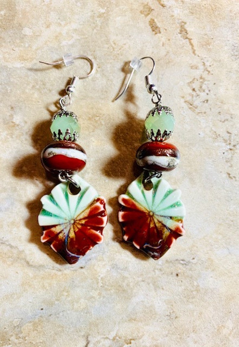 Brown Dangle Earrings C2 Mint Green Lampwork Beads Artisan-Made Textured Ceramic Charms Boho