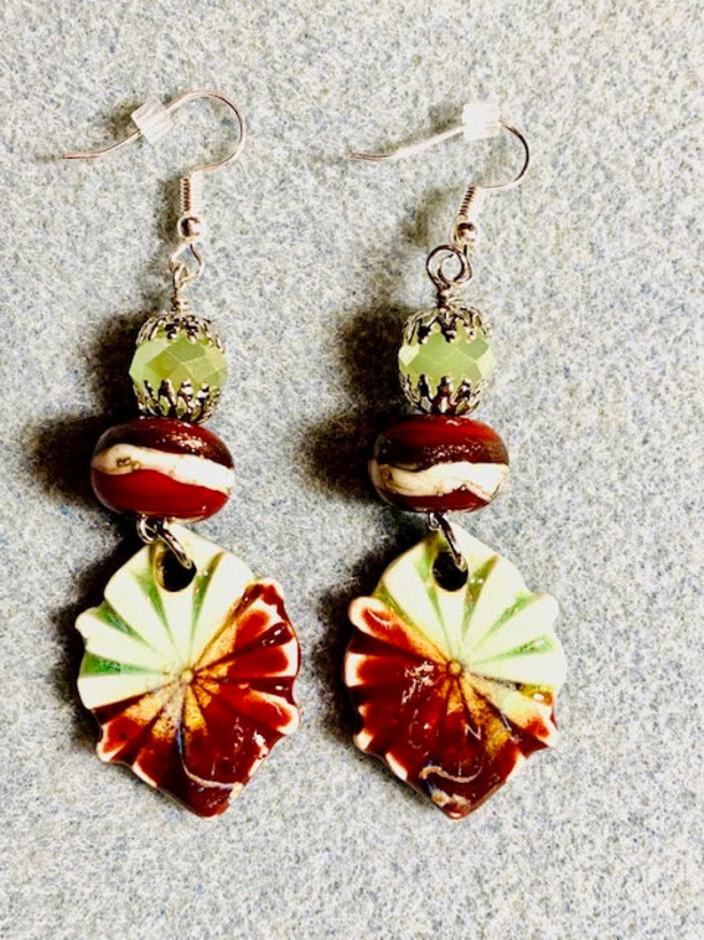 Brown Dangle Earrings C2 Mint Green Lampwork Beads Artisan-Made Textured Ceramic Charms Boho