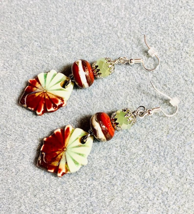 Brown Dangle Earrings C2 Mint Green Lampwork Beads Artisan-Made Textured Ceramic Charms Boho