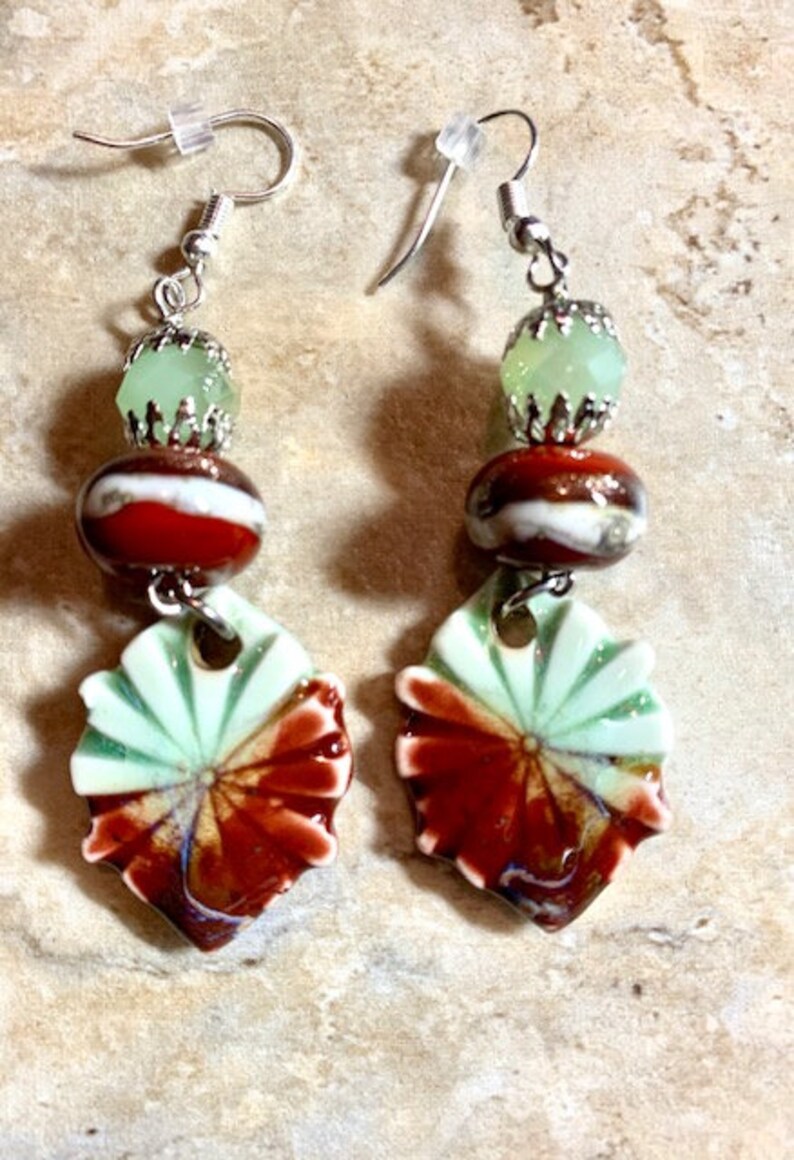 Brown Dangle Earrings C2 Mint Green Lampwork Beads Artisan-Made Textured Ceramic Charms Boho