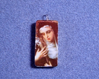 St. Catherine of Siena Recycled Domino Necklace Patron Nurses Firefighters CS5