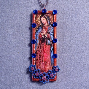 Our Lady of Guadalupe Handmade Soldered Glass Filigree Rhinestones Catholic Pendant Necklace SOLG2