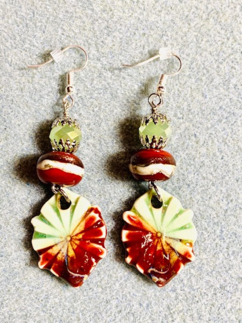 Brown Dangle Earrings C2 Mint Green Lampwork Beads Artisan-Made Textured Ceramic Charms Boho