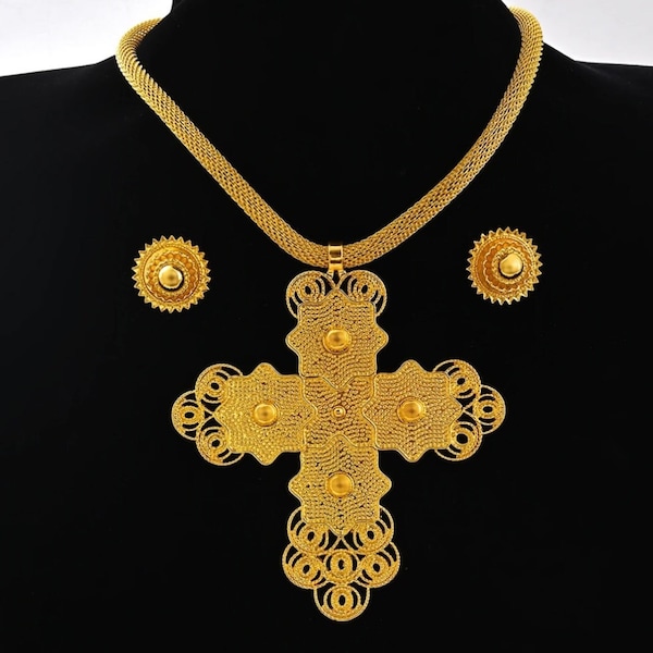 Large Ethiopian/Eritrean Gold Coptic Cross Necklace and Earring Set