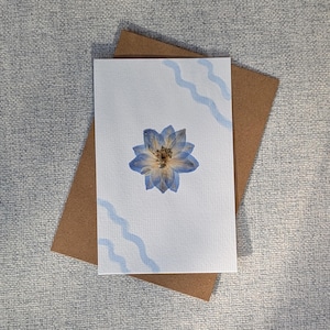 Delphinium: tarjeta con flor auténtica prensada