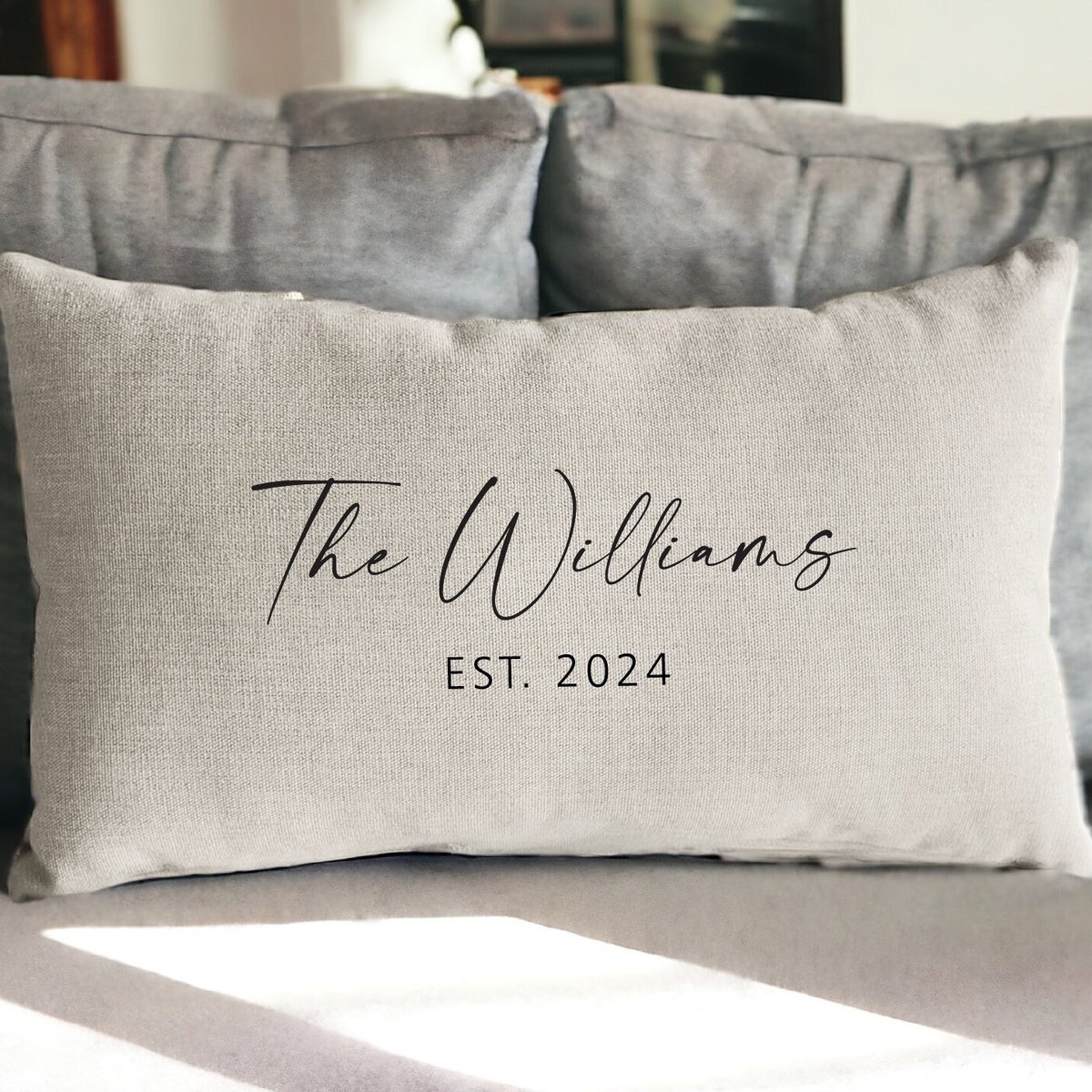 Custom Family Name Pillow 12x20, Beige "The Eskews EST. 2026"