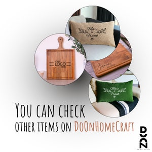May include: Three wooden products: a cutting board with the text "YOUR LOGO HERE", a cutting board with the text "Jasmine's Kitchen", and a pillow with the text "Marc & Frank".