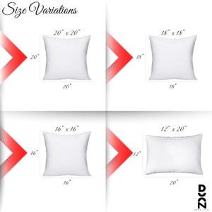 May include: Four white pillow covers in different sizes: 20x20 inches, 18x18 inches, 16x16 inches, and 12x20 inches. The pillow covers are shown on a white background with red arrows pointing to the size dimensions.