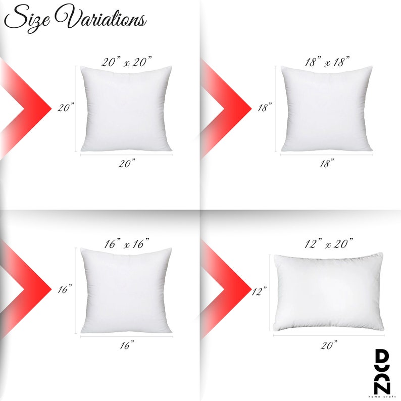 May include: Four white pillow covers in different sizes: 20x20 inches, 18x18 inches, 16x16 inches, and 12x20 inches. The pillow covers are shown on a white background with red arrows pointing to the size dimensions.