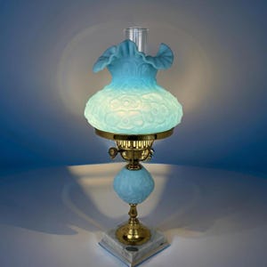Vintage Fenton Light Blue Satin Poppy Gone With The Wind Lamp 21&quot; Tall