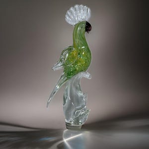Vintage Murano Glass Parrot Cockatoo Green Gold Bird Clear Crest 13-1/2&quot; Tall