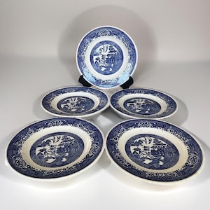 5 Vintage Royal China Cavalier Ironstone Blue Willow Dinner Plates 10&quot; Dia.