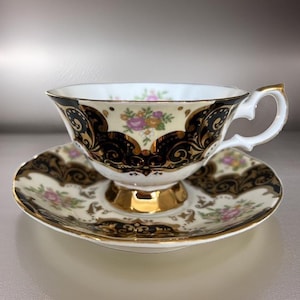 ELIZABETHAN &quot;BALTIMORAL&quot; Tea Cup and Saucer Set / Black & Gold Floral Tea Time / Downton Abbey / Romantic Display / Staffordshire England