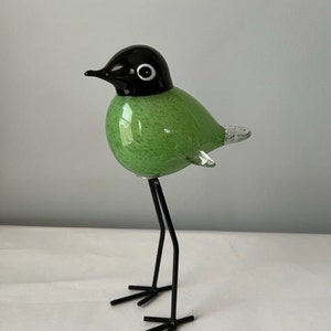 Glass Bird Figurine Mid Century Modern Style with Metal Legs Hand Blown 10" Tall