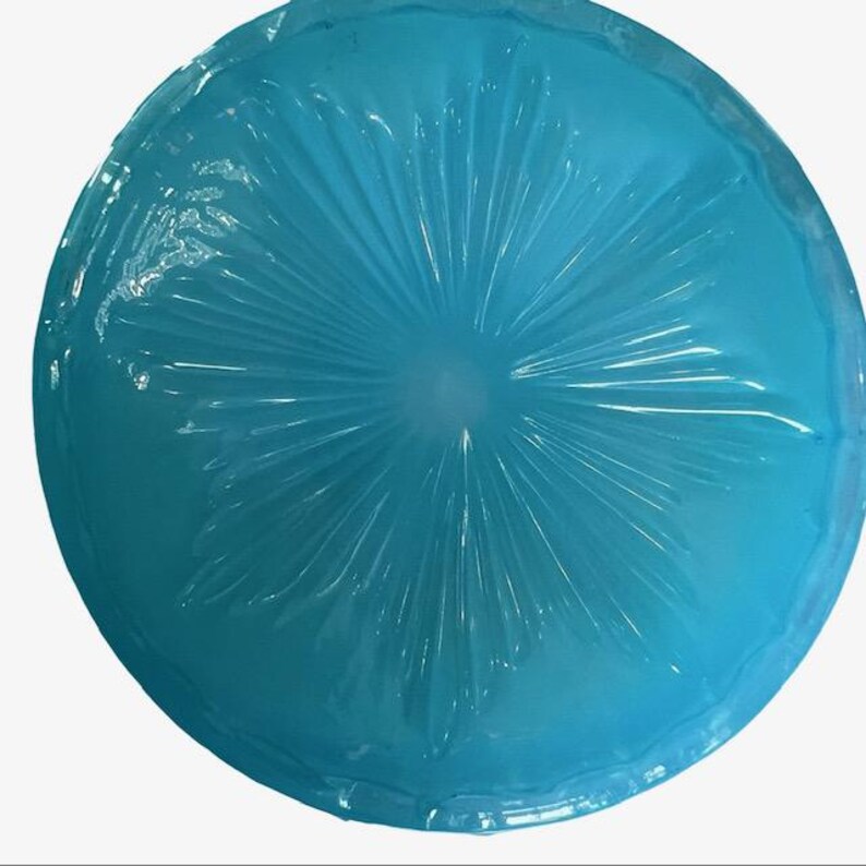 Puede incluir: Un objeto redondo y transl&uacute;cido de color azul claro, con un patr&oacute;n radial que emana del centro. El objeto parece estar hecho de un material flexible, con una superficie ligeramente texturizada. La forma general es circular, y el color es un azul vibrante y fr&iacute;o.