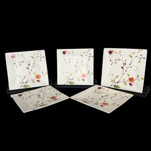 Hand Painted Set of 5 Floral Porcelain Plates Asian Inspired 8&quot; Square Spring