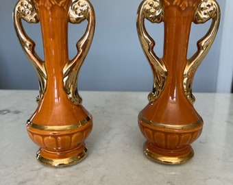 Vintage CHIC Pottery Company Brown Orange Ceramic Urn Bud Vases 2 piece 6-1/4" Tall