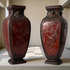 May include: Two antique brown vases with intricate carvings. Each vase features a rectangular shape with a detailed relief of birds and foliage. The vases have a textured, lattice-like pattern around the central panel and at the top.