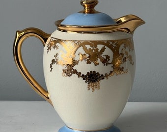 Tetera antigua Chelsea Gibson Staffordshire Inglaterra, impresionante tetera azul y dorada, cerámica coleccionable vintage a la hora del té, decoración vintage del hogar.