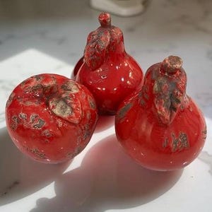 Vintage Large Hand Crafted Pears and Apple Rustic Decorative Pottery Fruit