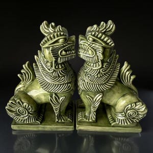 Pair of Vintage Temple Guardian Lions Foo Dogs Moss Green 11" Tall Signed