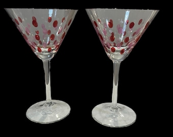 Crystal Martini Glasses Red Pink Polka Dots - One Set of 2 - Two sets available