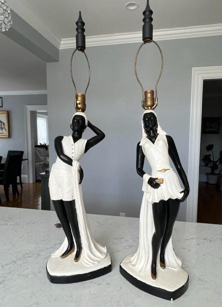 Vintage MCM Blackamoor Chalkware Lamps, Nubian Woman and Man