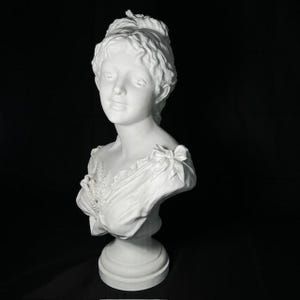 May include: White porcelain bust sculpture of a woman with a detailed hairstyle and a delicate floral design on her dress.