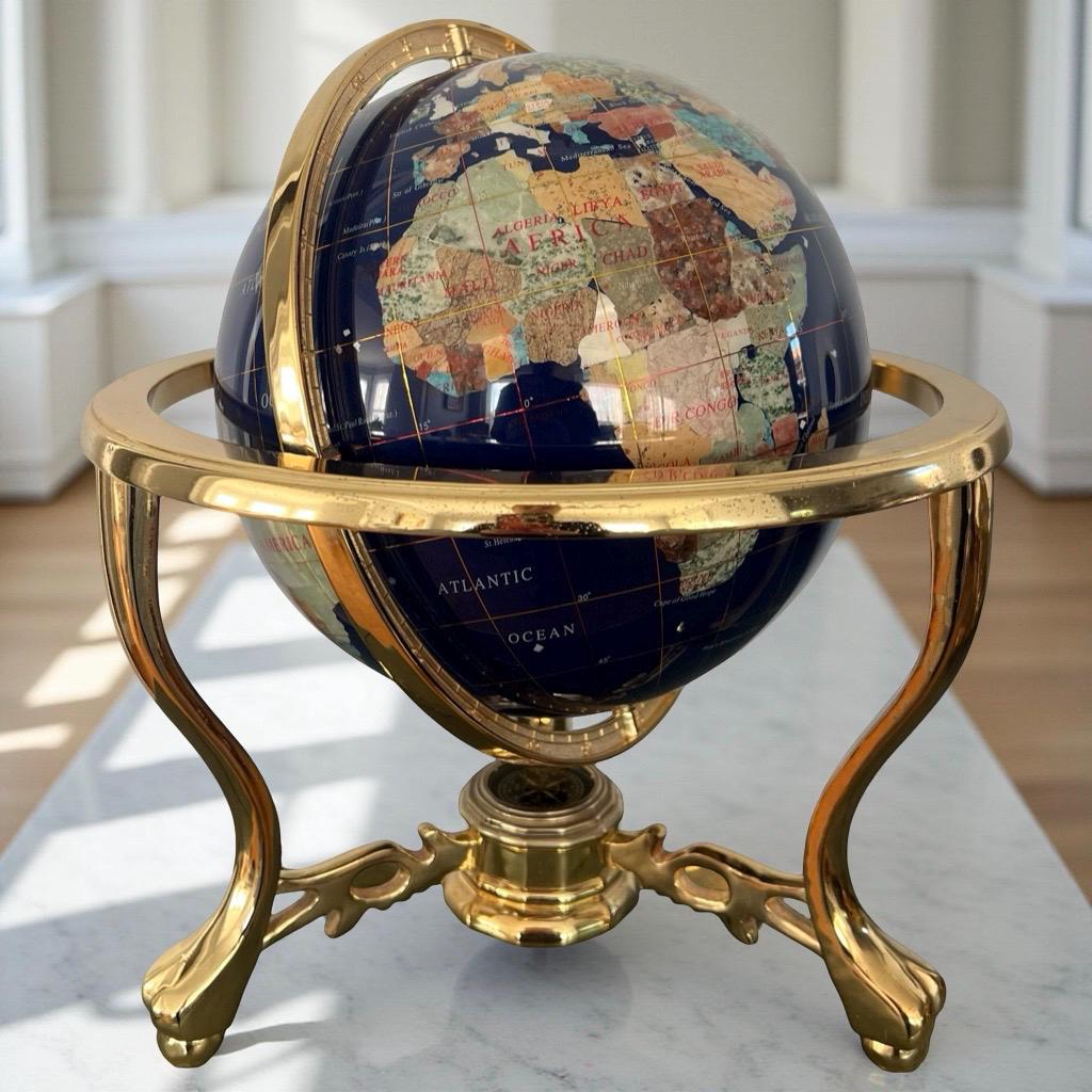 Vintage World Globe Semi-precious Gemstone Inlay W/brass Stand